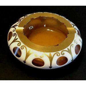 Bohemian Czech Cased White Ashtray Over Amber Hand Painted Gold Encrusted Rare